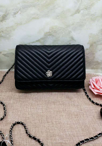 Adeline Lambskin Leather Mini V shape Shoulder Bag Black