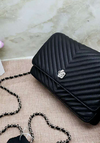Adeline Lambskin Leather Mini V shape Shoulder Bag Black