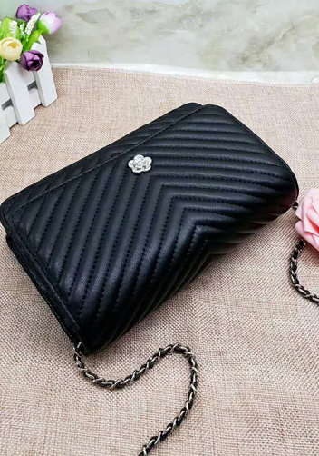 Adeline Lambskin Leather Mini V shape Shoulder Bag Black