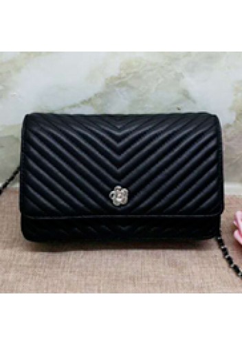 Adeline Lambskin Leather Mini V shape Shoulder Bag Black
