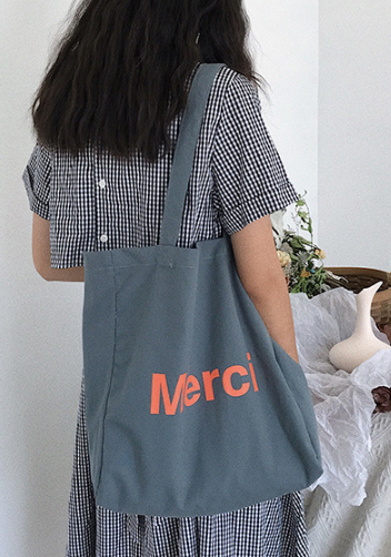Merci Canvas Tote Shopping Bag Blue