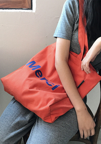 Merci Canvas Tote Shopping Bag Orange