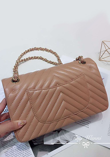 Adele V Shape Lambskin Leather Flap Bag Beige