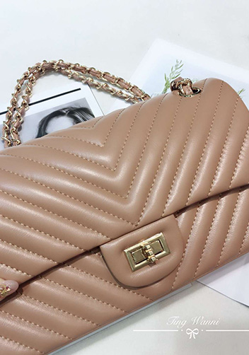 Adele V Shape Lambskin Leather Flap Bag Beige
