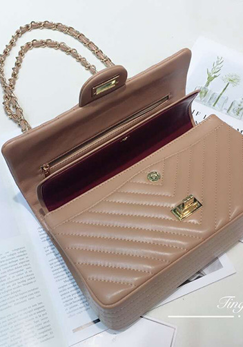 Adele V Shape Lambskin Leather Flap Bag Beige