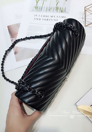 Adele V Shape Lambskin Leather Flap Bag Black