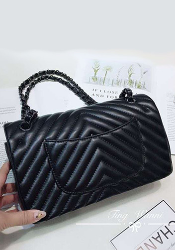 Adele V Shape Lambskin Leather Flap Bag Black