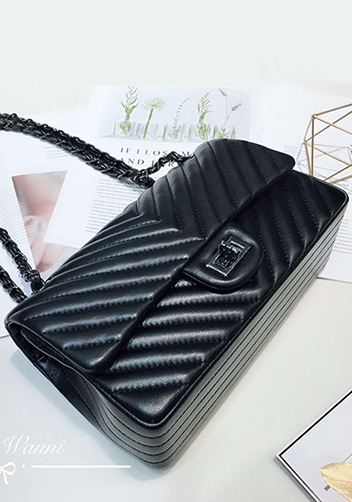 Adele V Shape Lambskin Leather Flap Bag Black