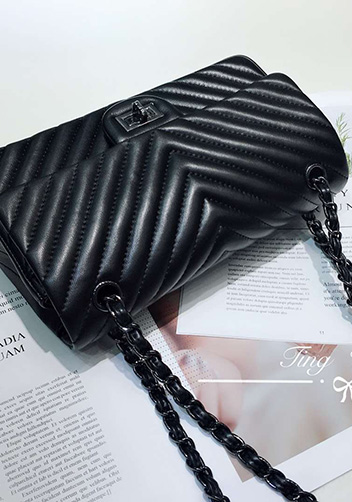 Adele V Shape Lambskin Leather Flap Bag Black