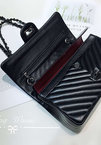 Adele V Shape Lambskin Leather Flap Bag Black