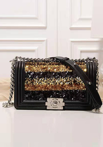 Ingrid Leather Flap Gold Sequins Black