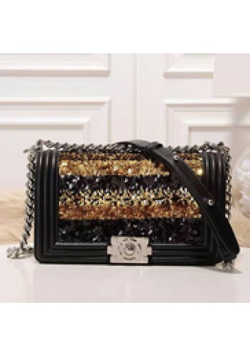 Ingrid Leather Flap Gold Sequins Black