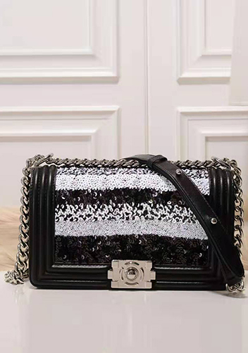 Ingrid Leather Flap Sliver Sequins Black