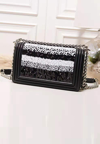 Ingrid Leather Flap Sliver Sequins Black