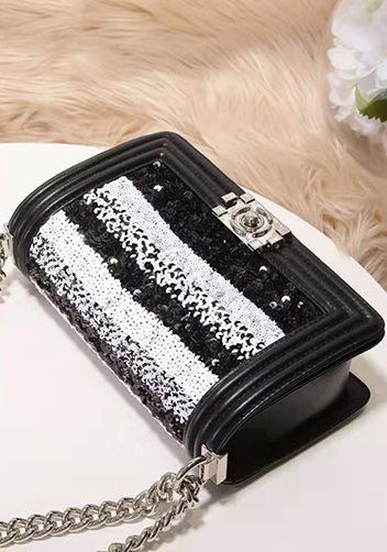 Ingrid Leather Flap Sliver Sequins Black
