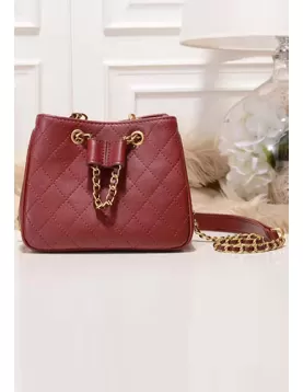 Millie Diamond Shape Quilted Leather Bucket Bag Burgundy
