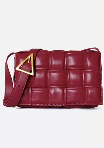 Mia Plaid Square Leather Shoulder Bag Burgundy