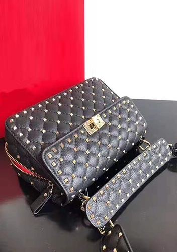Jacqueline Studs Grain Leather Shoulder Bag Black