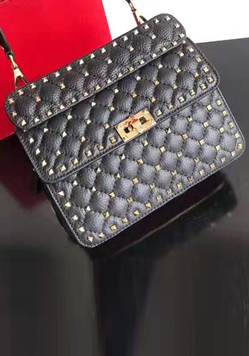 Jacqueline Studs Grain Leather Shoulder Bag Black