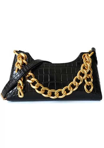 Mariana Croc Leather Shoulder Bag Black