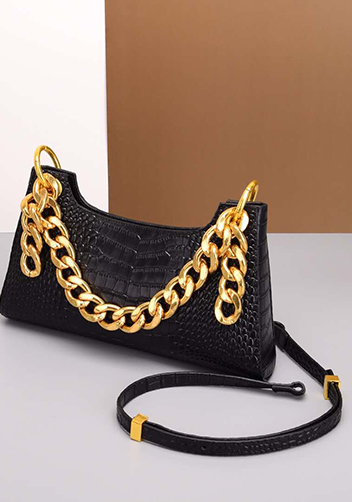 Mariana Croc Leather Shoulder Bag Black