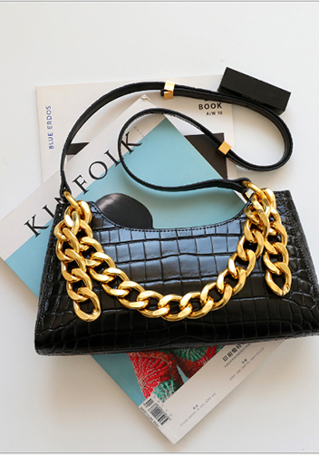 Mariana Croc Leather Shoulder Bag Black