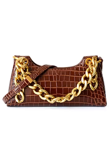 Mariana Croc Leather Shoulder Bag Brown