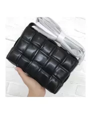 Mia Plaid Square Leather Medium Shoulder Bag Black