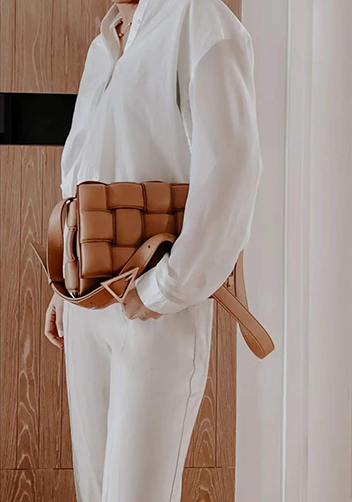Mia Plaid Square Leather Medium Shoulder Bag Camel