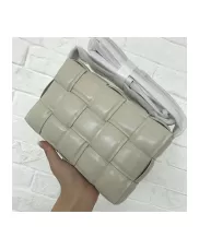 Mia Plaid Square Leather Medium Shoulder Bag White