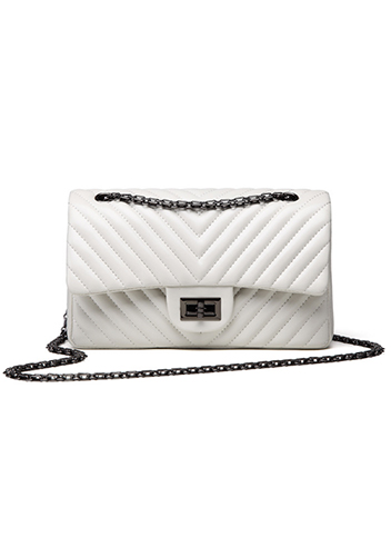 Adele Flap V Shape Quilted Medium Bag Faux White