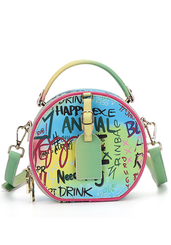 Round Vegan Leather Shoulder Bag Graffiti