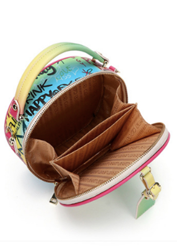 Round Vegan Leather Shoulder Bag Graffiti
