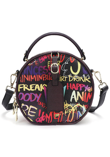 Round Vegan Leather Shoulder Bag Graffiti Black