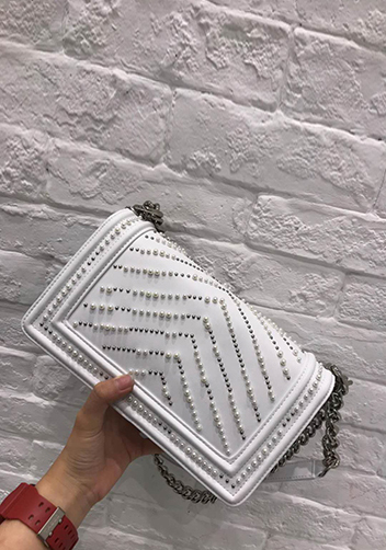Ingrid Leather Flap Bag With Pearls White