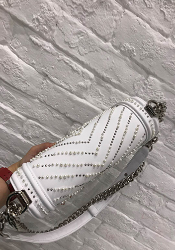 Ingrid Leather Flap Bag With Pearls White