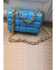 Mia Leather Chain Medium Shoulder Bag Blue