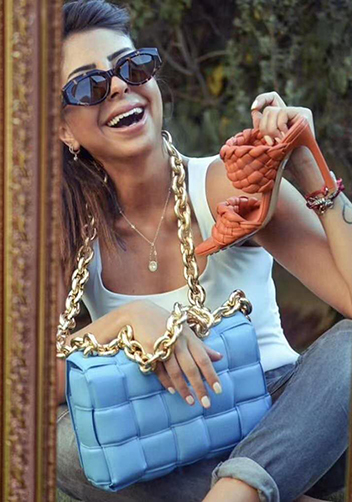 Mia Leather Chain Medium Shoulder Bag Blue