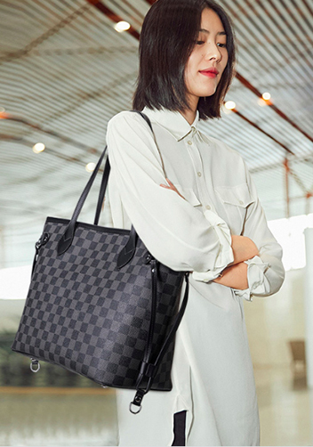 Louisa Checked Vegan Leather Tote Black