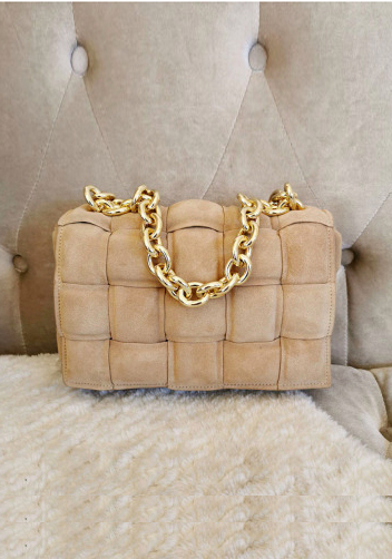 Mia Leather Chain Medium Shoulder Suede Bag Beige
