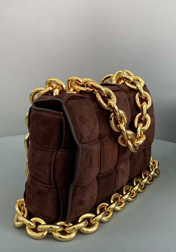Mia Leather Chain Medium Shoulder Suede Bag Chocolate