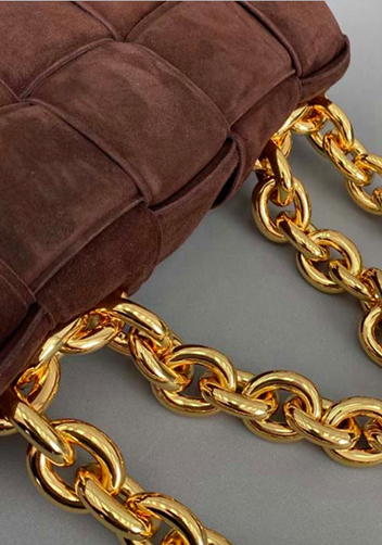 Mia Leather Chain Medium Shoulder Suede Bag Chocolate