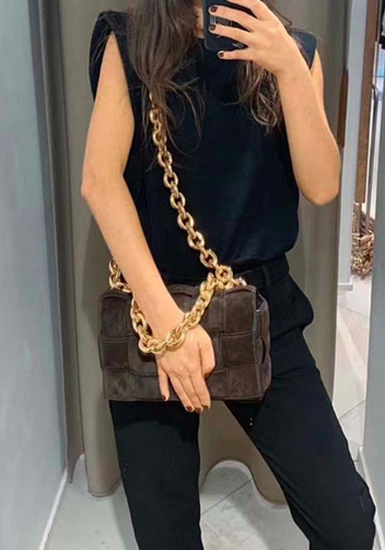 Mia Leather Chain Medium Shoulder Suede Bag Chocolate