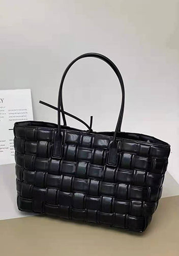 Mia Plaid Square Leather Tote Black