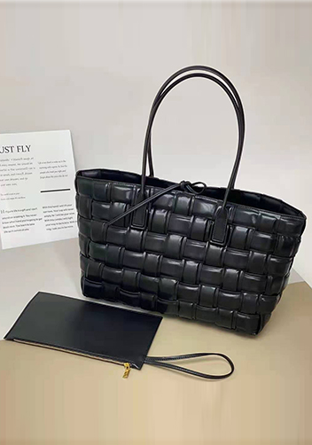 Mia Plaid Square Leather Tote Black