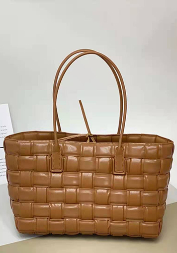 Mia Plaid Square Leather Tote Camel