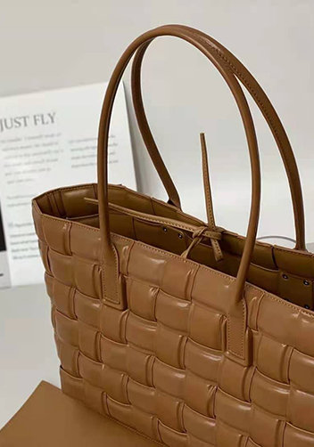 Mia Plaid Square Leather Tote Camel