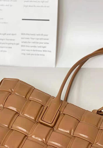 Mia Plaid Square Leather Tote Camel