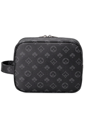 Louisa Flower Vegan Leather Square Cosmetic Pouch Black