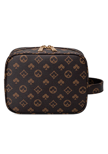 Louisa Flower Vegan Leather Square Cosmetic Pouch Brown